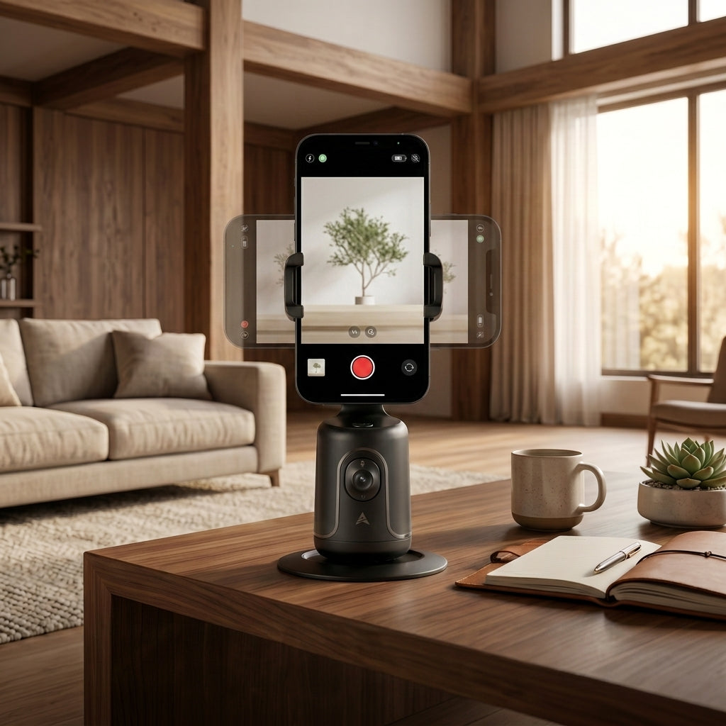 A smartphone mounted on a black tripod-style AI recording device sits on a wooden table in a warm, modern living room. The phone screen shows a camera interface with a red record button, and two translucent side screens display the captured scene.