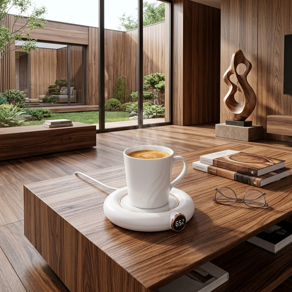 A white ceramic coffee mug sits on a matching white heated saucer on a wooden coffee table in a modern interior setting with wood paneling, books, glasses, and a window view of a garden.
