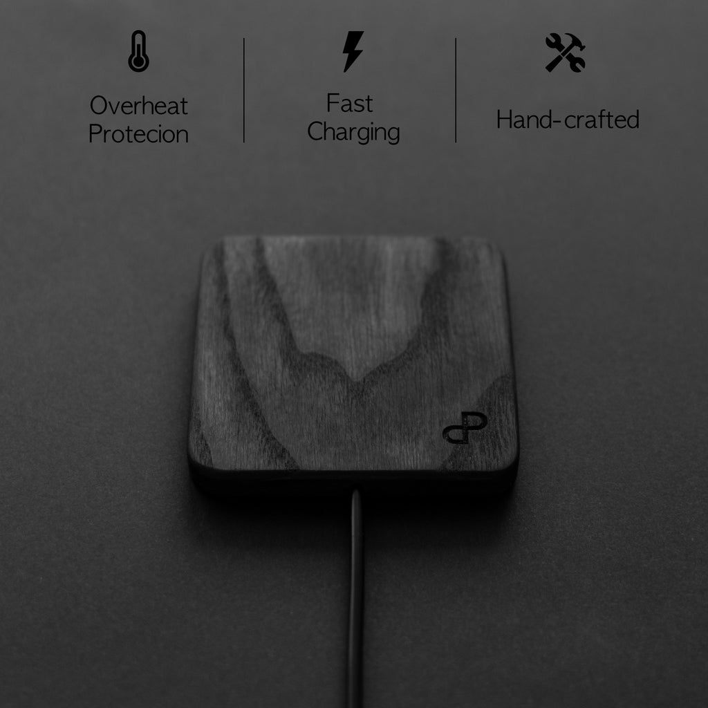 Wooden wireless charger with cable on a dark background, featuring icons and text about features.