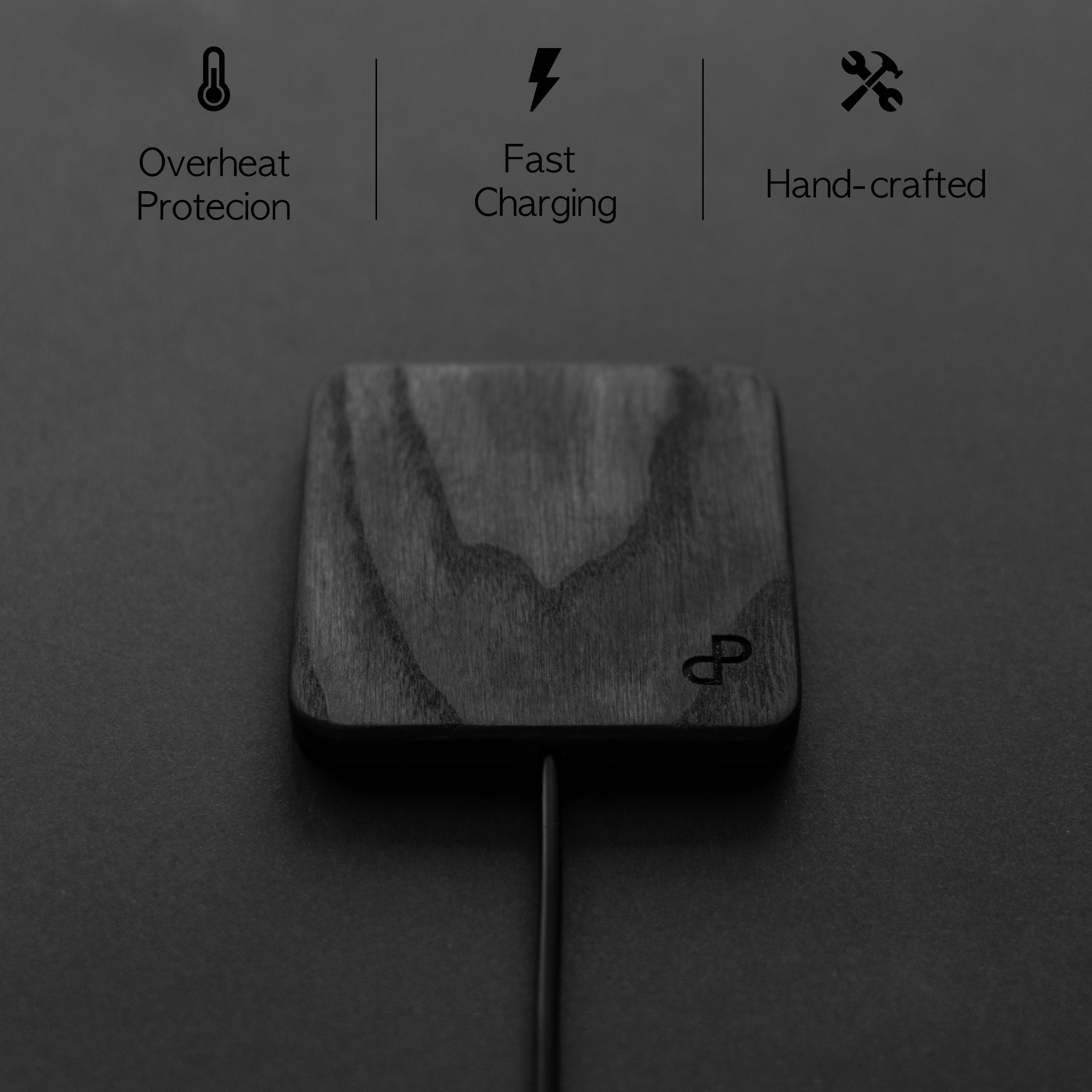 Wooden wireless charger with cable on a dark background, featuring icons and text about features.