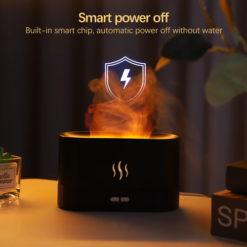Black diffuser emitting mist with a shield icon and text about smart power off feature.