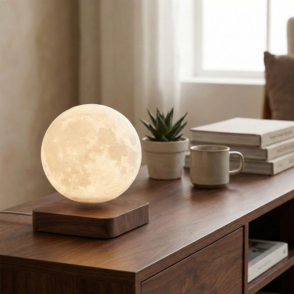 Moon-shaped lamp on a wooden surface with books and a plant in the background